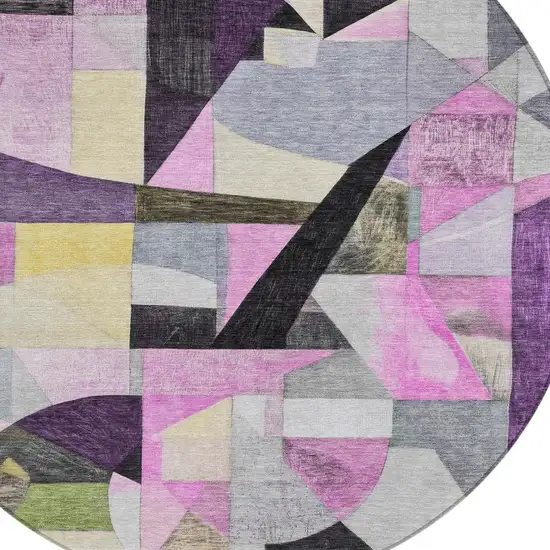 8' Purple Black And Lavender Round Abstract Washable Indoor Outdoor Area Rug Photo 4