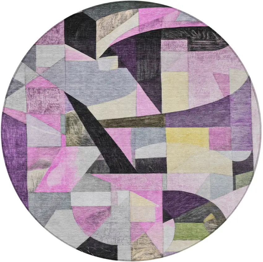 8' Purple Black And Lavender Round Abstract Washable Indoor Outdoor Area Rug Photo 3