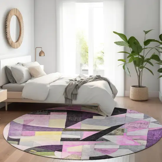 8' Purple Black And Lavender Round Abstract Washable Indoor Outdoor Area Rug Photo 7