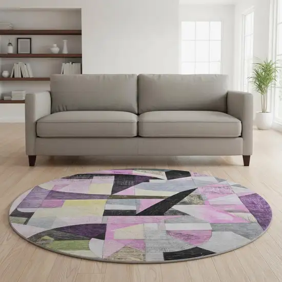 8' Purple Black And Yellow Abstract Washable Round Rug With UV Protection Photo 2