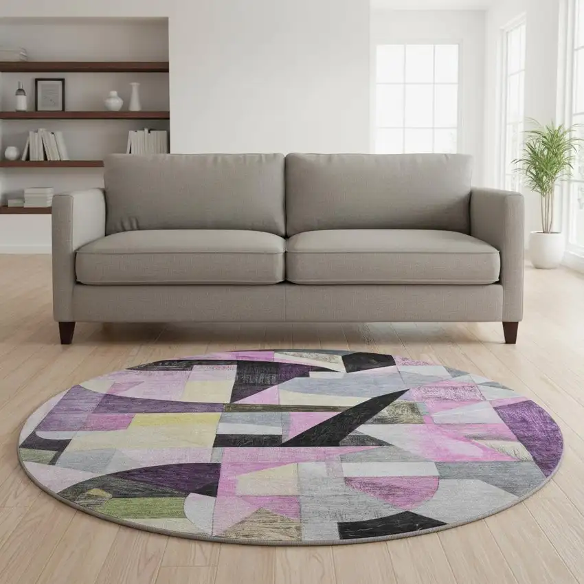 8' Purple Black And Yellow Abstract Washable Round Rug With UV Protection Photo 2