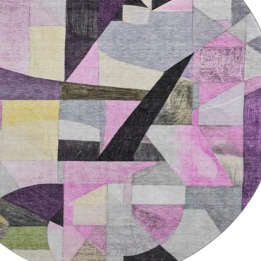8' Purple Black And Yellow Abstract Washable Round Rug With UV Protection Photo 2