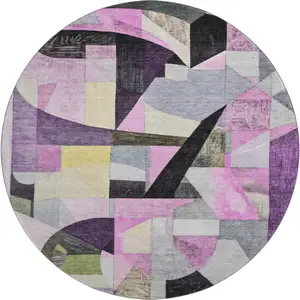 Photo of 8' Purple Black And Yellow Abstract Washable Round Rug With UV Protection