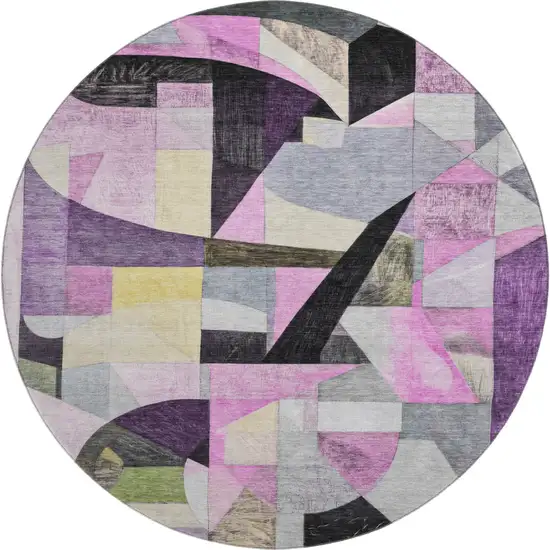 8' Purple Black And Yellow Abstract Washable Round Rug With UV Protection Photo 1