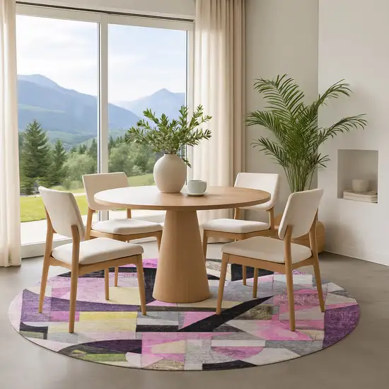8' Purple Black And Yellow Abstract Washable Round Rug With UV Protection Photo 4