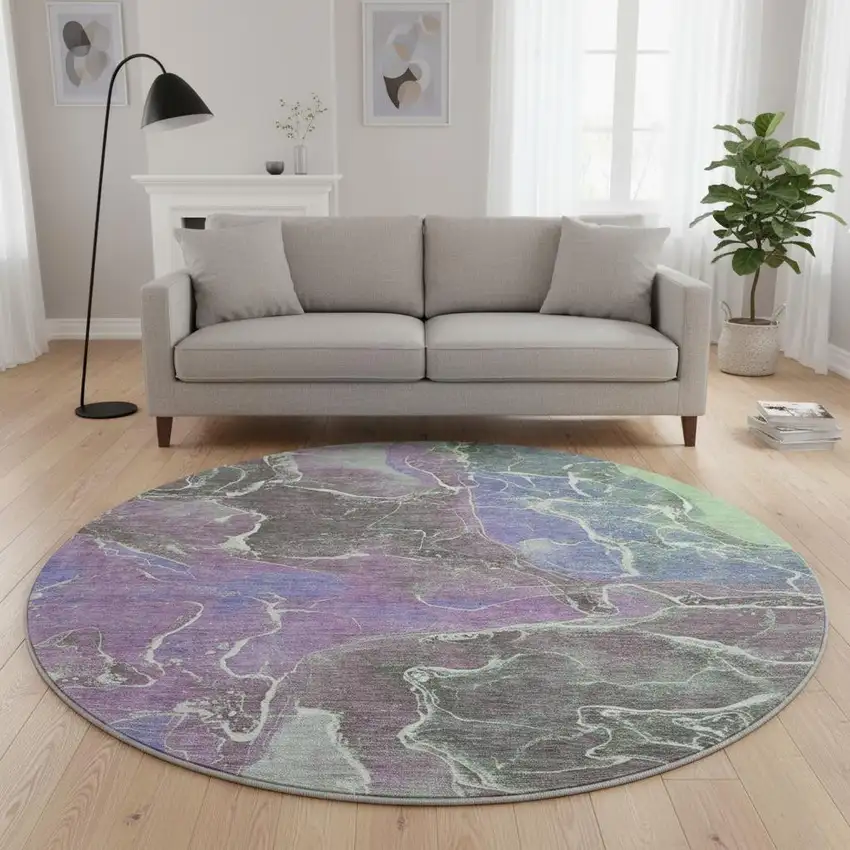 8' Purple Blue And Green Abstract Washable Round Rug With UV Protection Photo 2