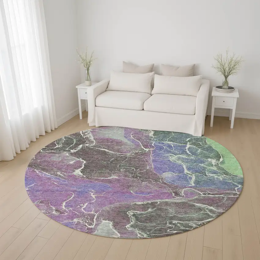 8' Purple Blue And Green Abstract Washable Round Rug With UV Protection Photo 4