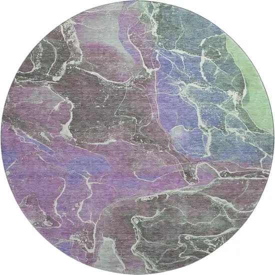8' Purple Blue And Green Abstract Washable Round Rug With UV Protection Photo 1
