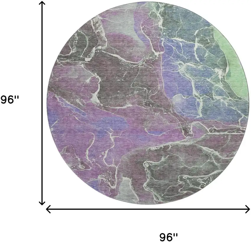 8' Purple Blue And Green Abstract Washable Round Rug With UV Protection Photo 9