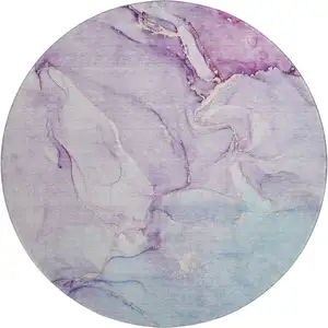 Photo of 8' Purple Blue And Ivory Abstract Washable Round Rug With UV Protection