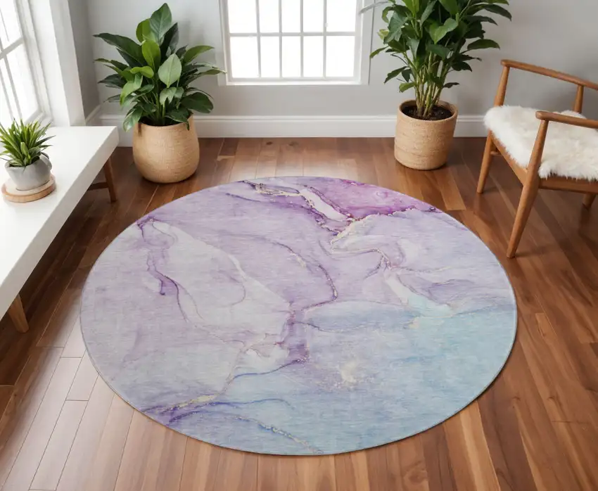 8' Purple Blue And Ivory Abstract Washable Round Rug With UV Protection Photo 2