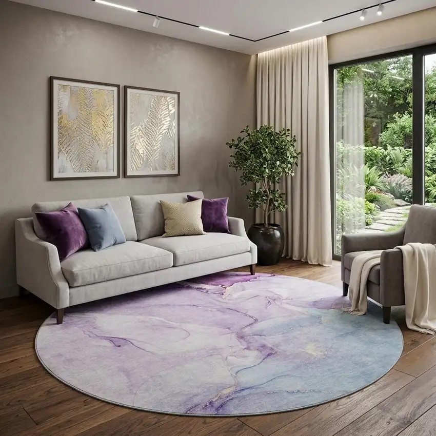8' Purple Blue And Ivory Abstract Washable Round Rug With UV Protection Photo 1