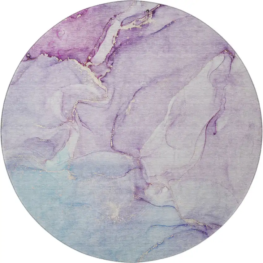 8' Purple Blue And Ivory Abstract Washable Round Rug With UV Protection Photo 4