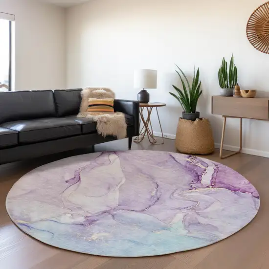 8' Purple Blue And Ivory Abstract Washable Round Rug With UV Protection Photo 5