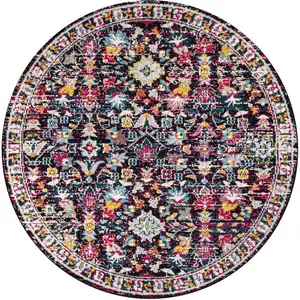Photo of 5' Purple Blue And Ivory Floral Round Rug
