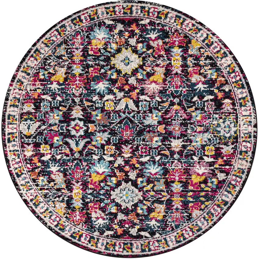5' Purple Blue And Ivory Floral Round Rug Photo 1