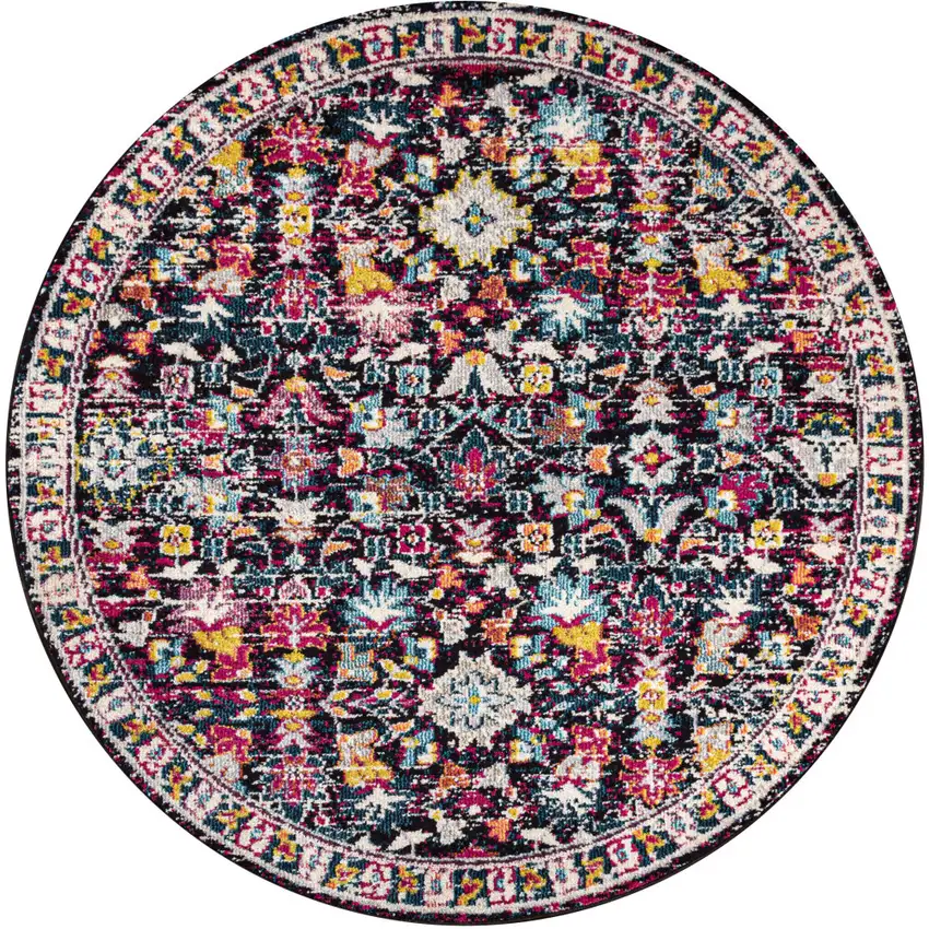5' Purple Blue And Ivory Floral Round Rug Photo 2
