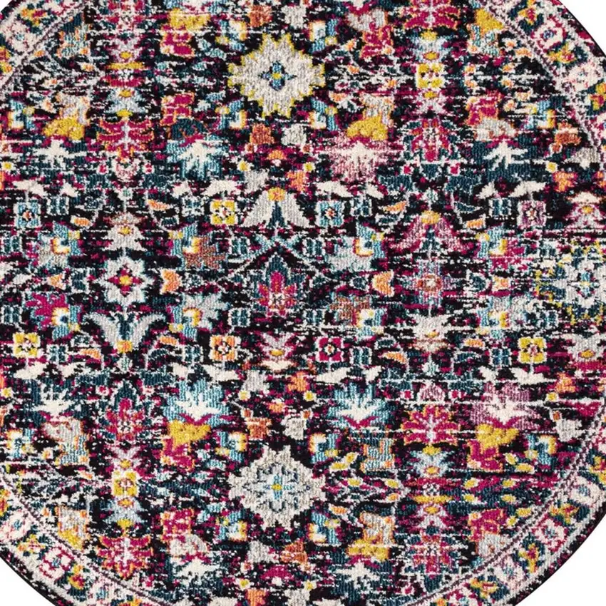 5' Purple Blue And Ivory Floral Round Rug Photo 3