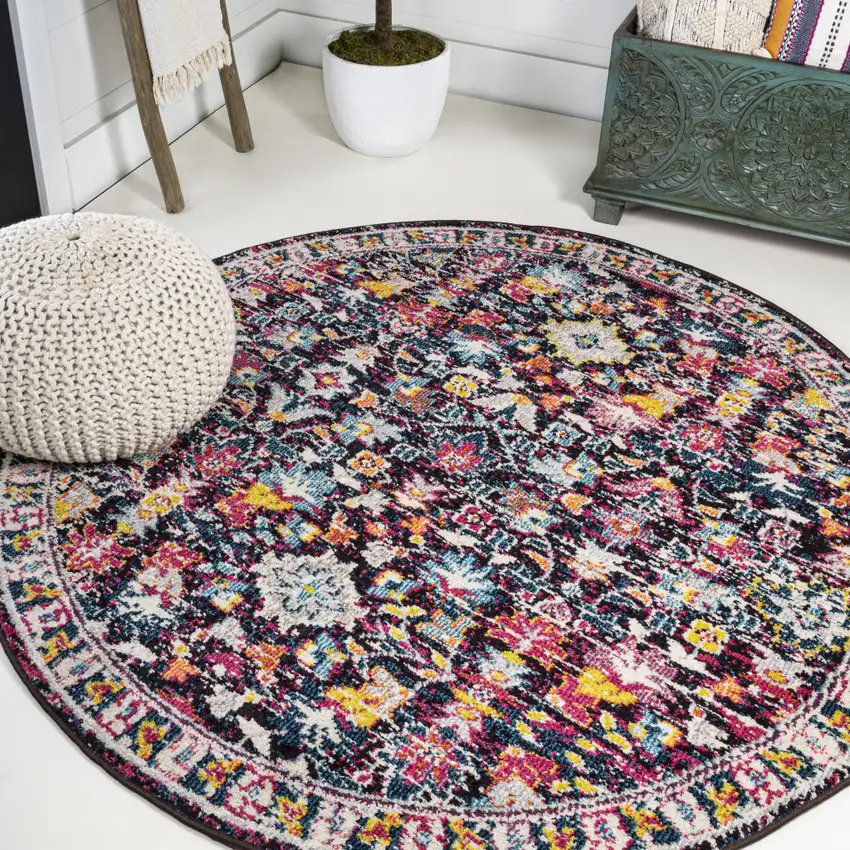 5' Purple Blue And Ivory Floral Round Rug Photo 4