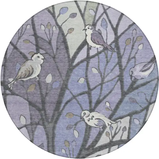 8' Purple Blue And Sage Round Botanical Leaves Washable Indoor Outdoor Area Rug Photo 2