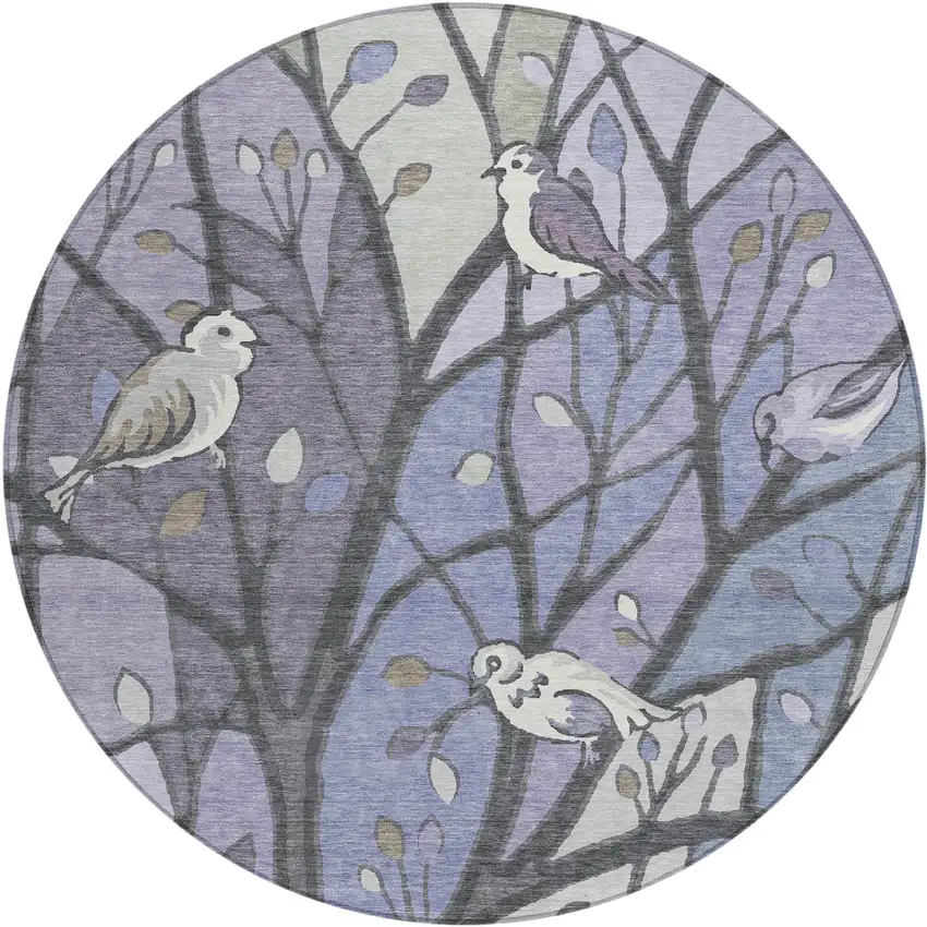 8' Purple Blue And Sage Round Botanical Leaves Washable Indoor Outdoor Area Rug Photo 2