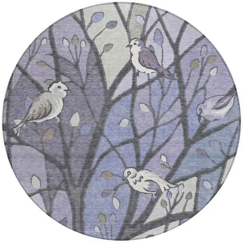 8' Purple Blue And Sage Round Botanical Leaves Washable Indoor Outdoor Area Rug Photo 4