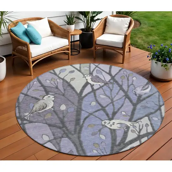 8' Purple Blue And Sage Round Botanical Leaves Washable Indoor Outdoor Area Rug Photo 1