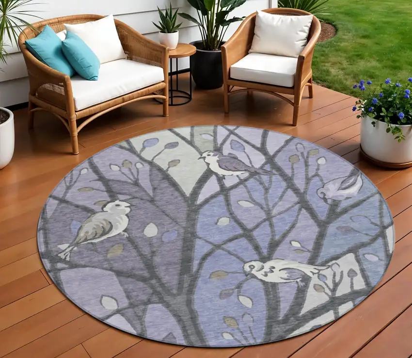 8' Purple Blue And Sage Round Botanical Leaves Washable Indoor Outdoor Area Rug Photo 1