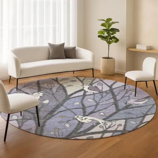 8' Purple Blue And Sage Round Botanical Leaves Washable Indoor Outdoor Area Rug Photo 9
