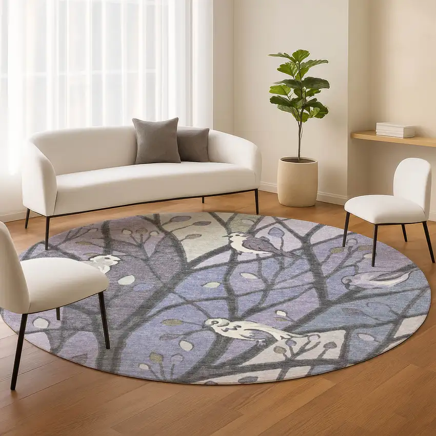 8' Purple Blue And Sage Round Botanical Leaves Washable Indoor Outdoor Area Rug Photo 9