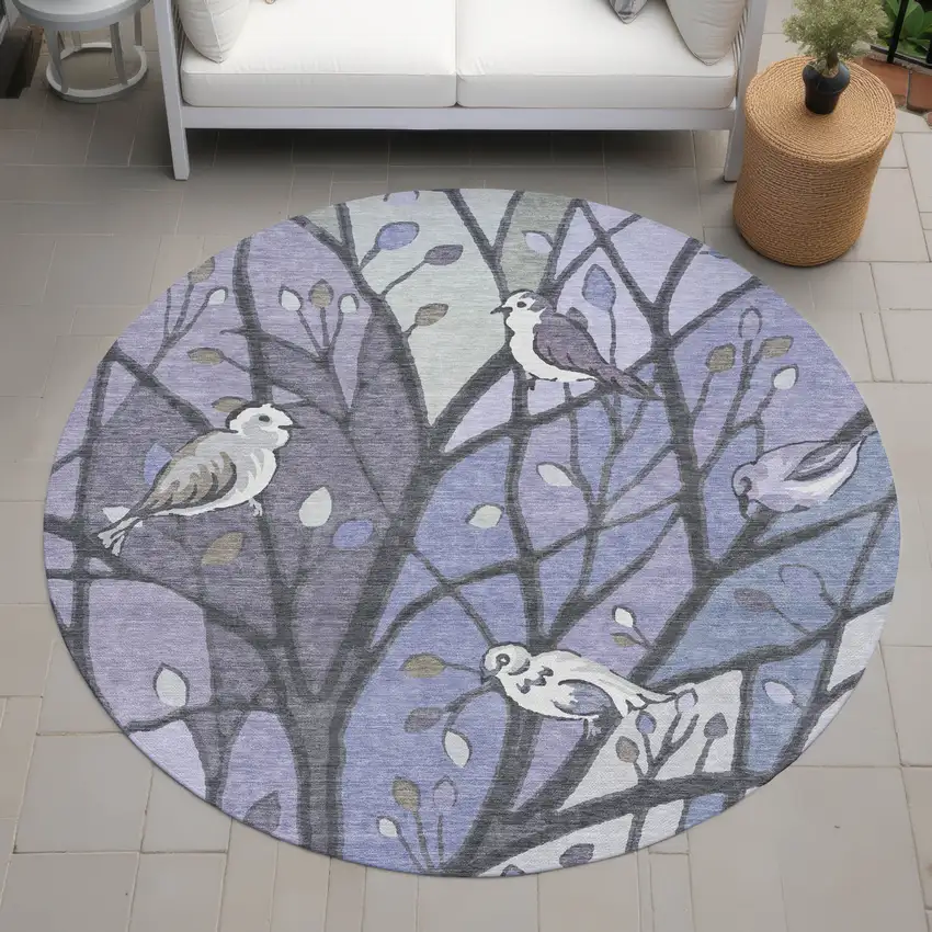 8' Purple Blue And Sage Round Botanical Leaves Washable Indoor Outdoor Area Rug Photo 8