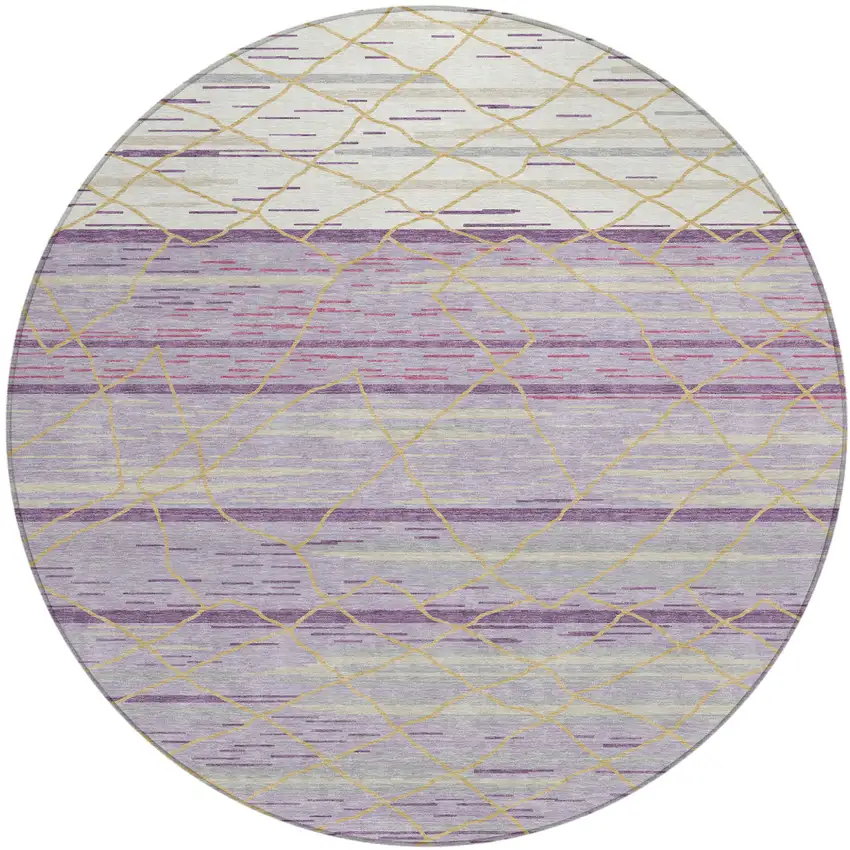 8' Purple Brown And Beige Round Striped Washable Indoor Outdoor Area Rug Photo 2