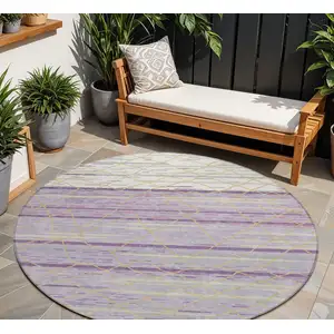Photo of 8' Purple Brown And Beige Round Striped Washable Indoor Outdoor Area Rug