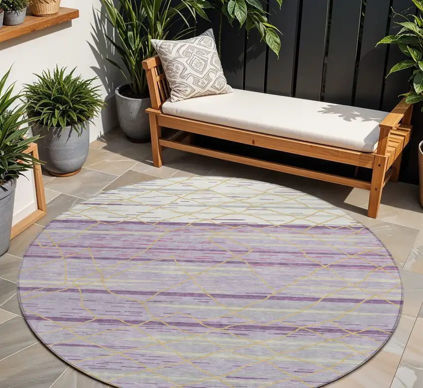 8' Purple Brown And Beige Round Striped Washable Indoor Outdoor Area Rug Photo 1