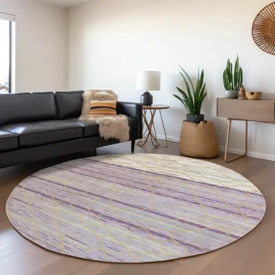 8' Purple Brown And Beige Round Striped Washable Indoor Outdoor Area Rug Photo 8