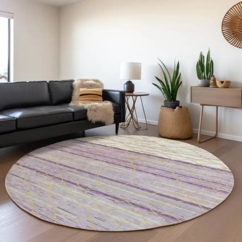 8' Purple Brown And Beige Round Striped Washable Indoor Outdoor Area Rug Photo 8
