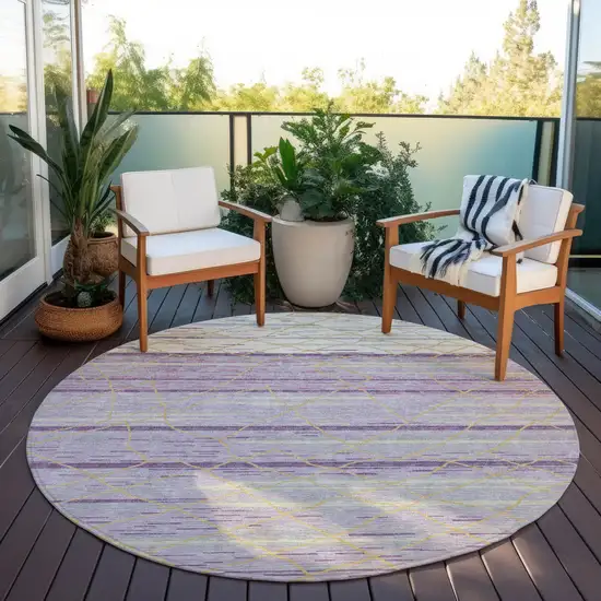 8' Purple Brown And Beige Round Striped Washable Indoor Outdoor Area Rug Photo 7