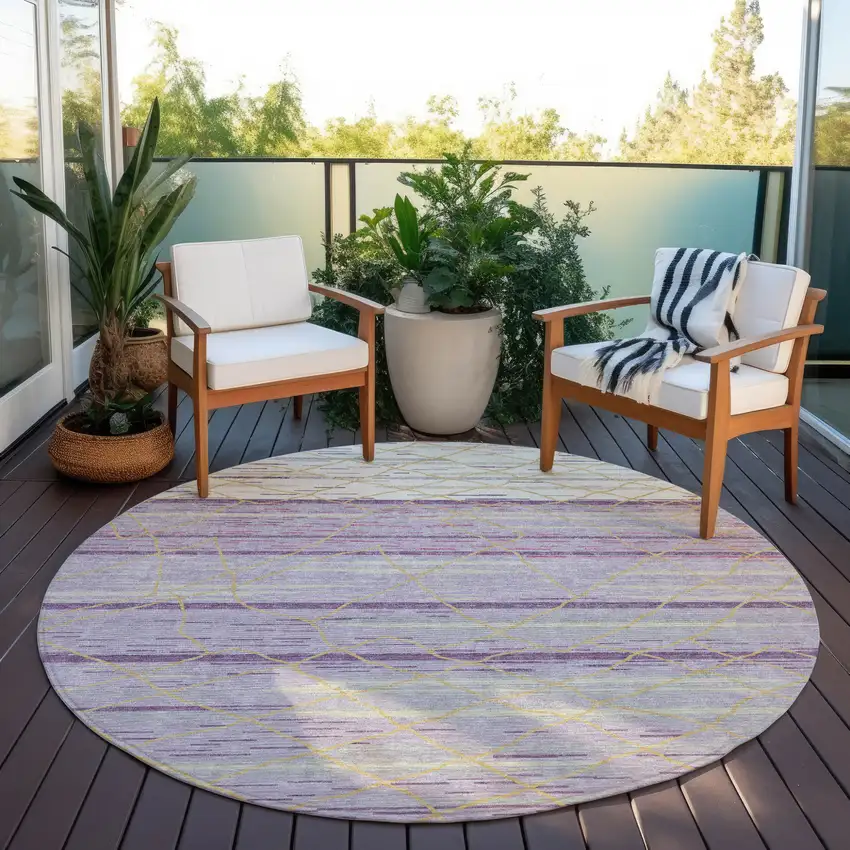 8' Purple Brown And Beige Round Striped Washable Indoor Outdoor Area Rug Photo 7