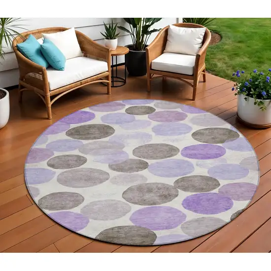 8' Purple Brown And Ivory Round Geometric Washable Indoor Outdoor Area Rug Photo 2