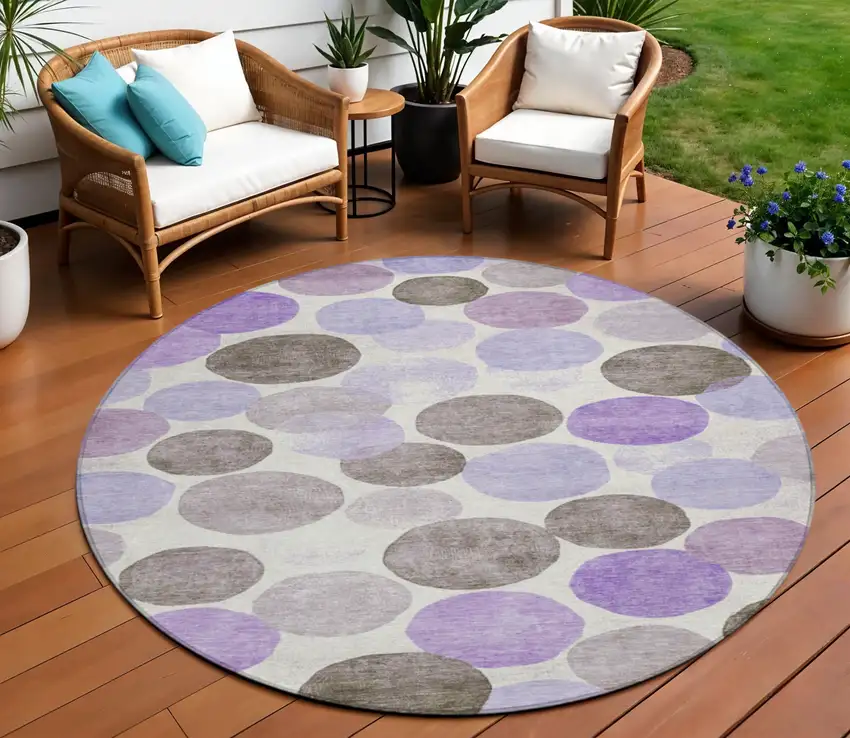 8' Purple Brown And Ivory Round Geometric Washable Indoor Outdoor Area Rug Photo 2