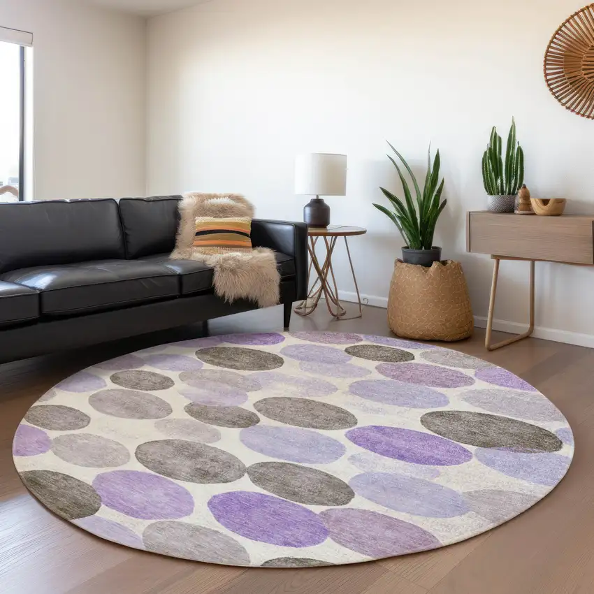 8' Purple Brown And Ivory Round Geometric Washable Indoor Outdoor Area Rug Photo 6