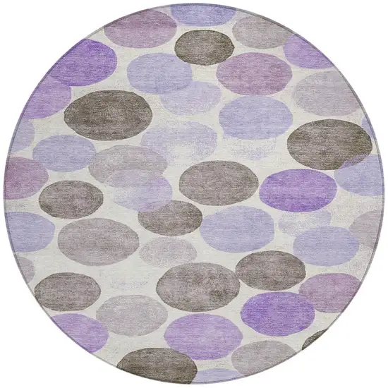 8' Purple Brown And Ivory Round Geometric Washable Indoor Outdoor Area Rug Photo 3