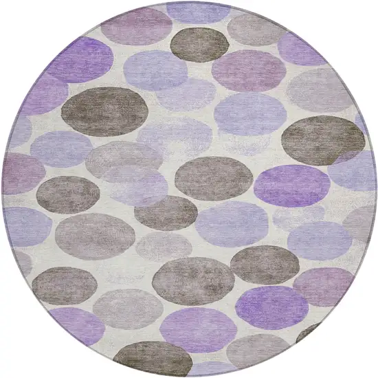 8' Purple Brown And Ivory Round Geometric Washable Indoor Outdoor Area Rug Photo 1