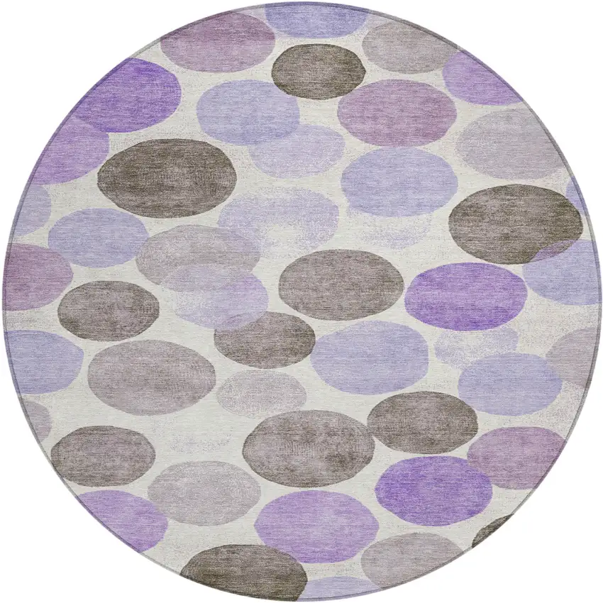 8' Purple Brown And Ivory Round Geometric Washable Indoor Outdoor Area Rug Photo 1