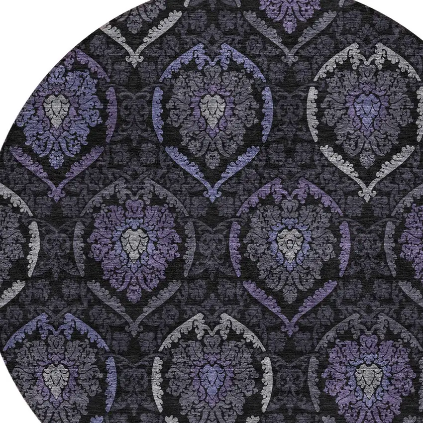 8' Purple Charcoal And Gray Round Medallion Washable Indoor Outdoor Area Rug Photo 4