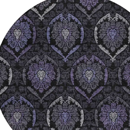 8' Purple Charcoal And Gray Round Medallion Washable Indoor Outdoor Area Rug Photo 4