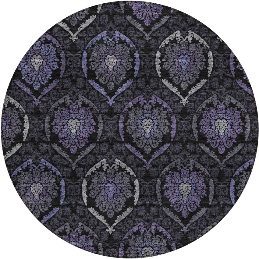 8' Purple Charcoal And Gray Round Medallion Washable Indoor Outdoor Area Rug Photo 2