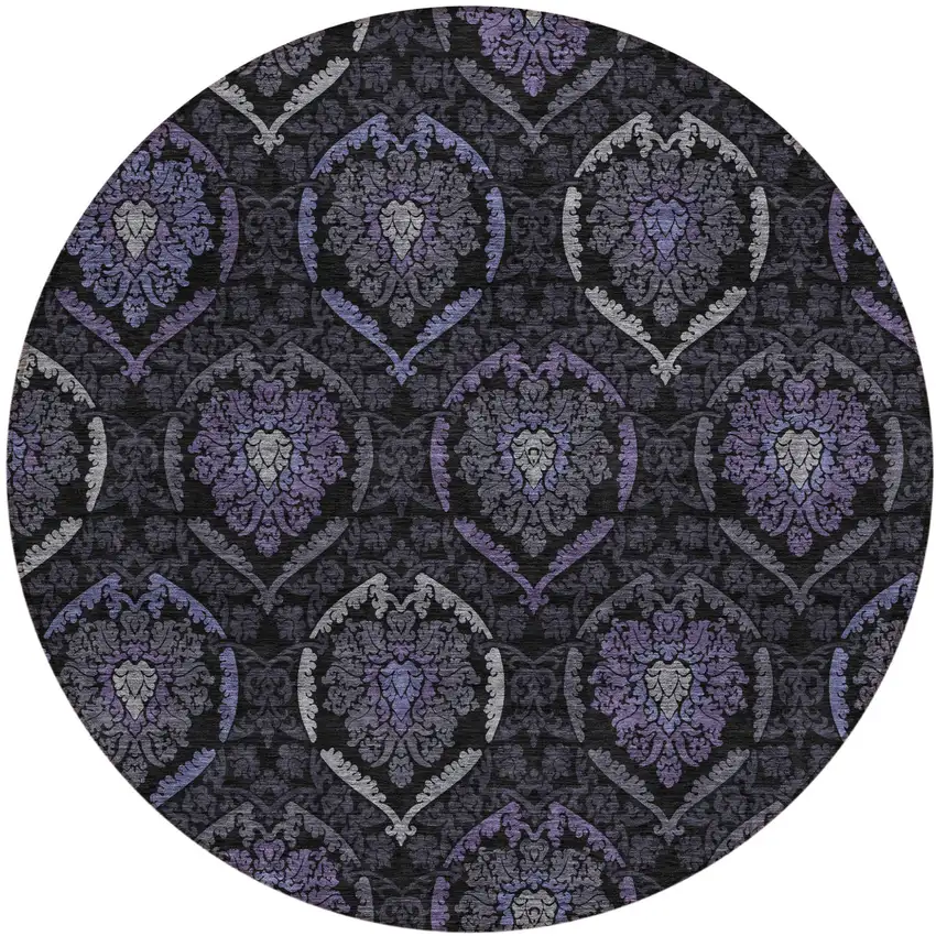 8' Purple Charcoal And Gray Round Medallion Washable Indoor Outdoor Area Rug Photo 2