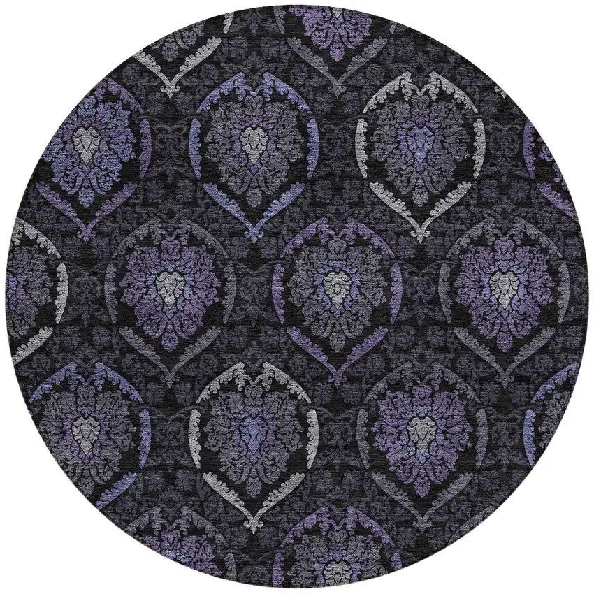 8' Purple Charcoal And Gray Round Medallion Washable Indoor Outdoor Area Rug Photo 5