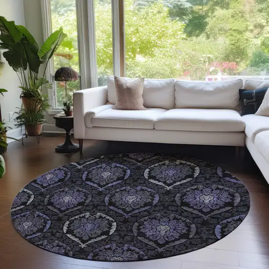 8' Purple Charcoal And Gray Round Medallion Washable Indoor Outdoor Area Rug Photo 7